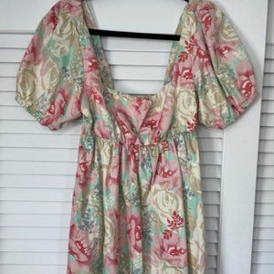 Floral Puff-Sleeve Midi Dress in Pastel Rose